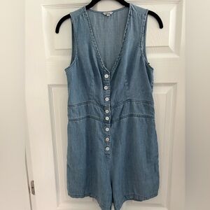 Rails Scarlett Linen Lyocell Chambray Button-Down Romper In Medium Vintage